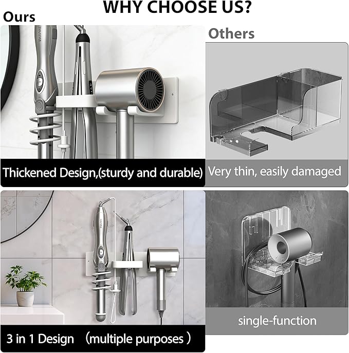 Blow Dryer Holder Wall Mount, 3 in 1 Bathroom Hair Tool Organizer with Curling Iron Holder & Flat Iron Holder, Universal Hair Dryer Holder Rack Storage White