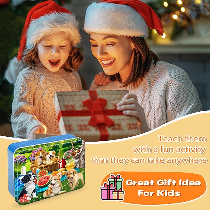 LELEMON Puzzles for Kids Ages 4-6,Dogs 100 Piece Puzzles for Kids Ages 4-8 in a Metal Box,Educational Jigsaw Puzzles 100 Piece Puzzle Games Puzzle Toys for Girls and Boys