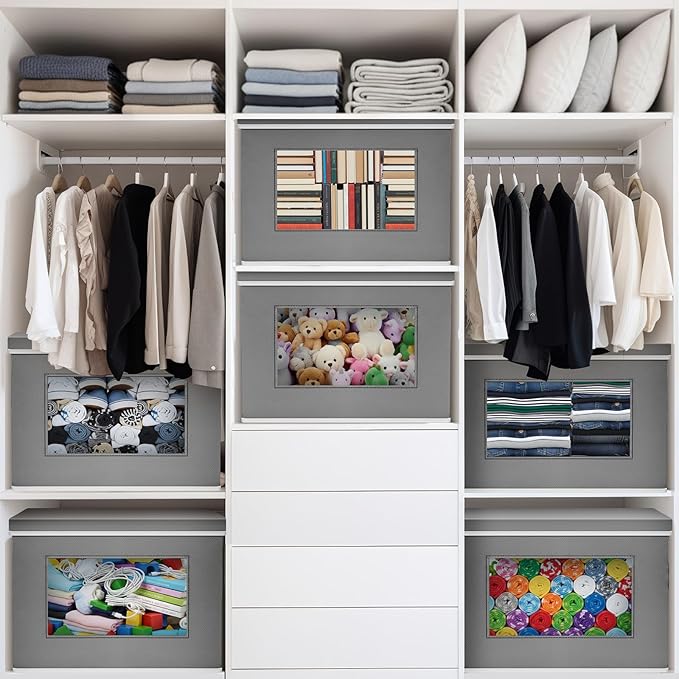 10 Pcs Fabric Storage Bins with Lid 17x12 Inch Stuffed Animal Storage Boxes with Window Handle Collapsible Cube Organizer Basket for Shelves Closet Bedroom Office Clothes Books (Dark Gray)