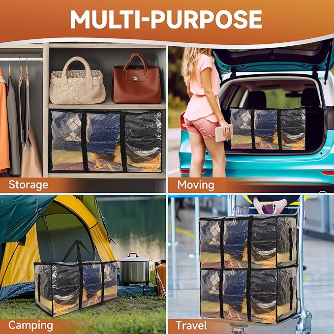 CONGREGATE 2 Pack Extra Large Moving Bags with Zippers and Carrying Handles, Heavy-Duty Storage Tote Moving Boxes for Space Saving, Semi-Transparent 97L/25.6Gal (28.7"x13.7"x15")