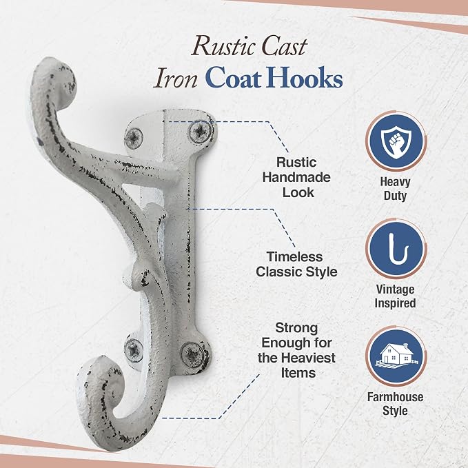 Rustic Cast Iron Coat Hooks Antique White, Wall Mounted, Farmhouse Decorative