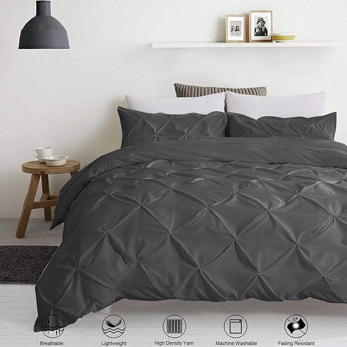 Pinch Pleated Duvet Cover Set 100% Brushed Microfiber 3PC Oversize Size 98x120 Duvet Cover Set, Decorative Pinch Design Dark Grey Duvet Cover with Matching Pillow Case