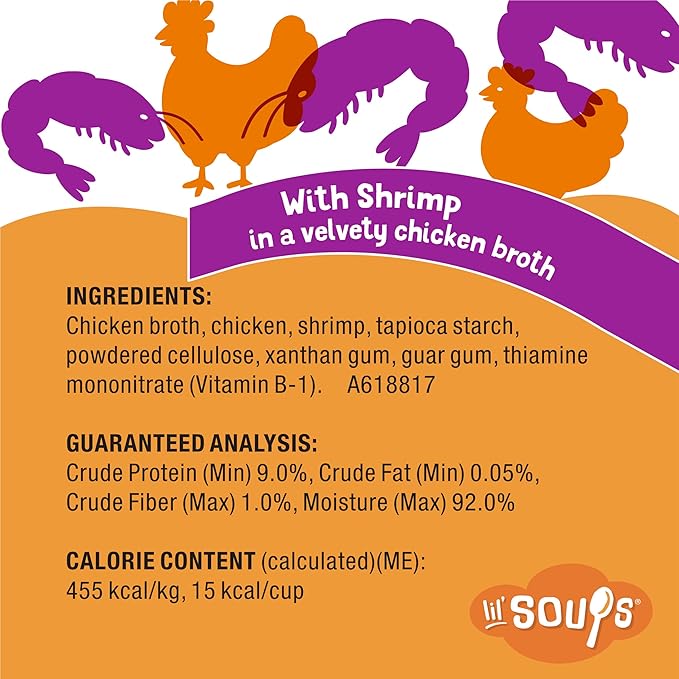 Purina Friskies Grain Free Lickable Cat Food Toppers Lil’ Soups With Shrimp in a Velvety Chicken Broth - (Pack of 8) 1.2 oz. Cups