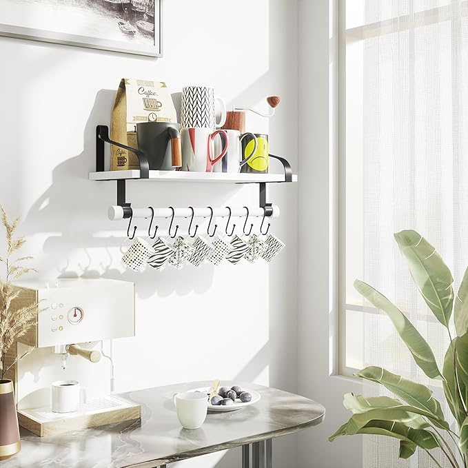 Love-KANKEI Floating Shelf Wall Shelf for Storage Rustic Wood Kitchen Spice Rack with Towel Bar and 8 Removable Hooks for Organize Cooking Utensils or Mugs White