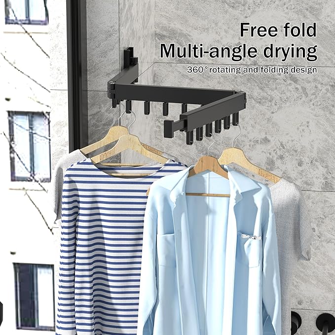 Space Saver Clothes Drying Rack, Wall Mounted, Retractable, Collapsible(Tri-Fold), for Balcony, Bathroom, Black Color