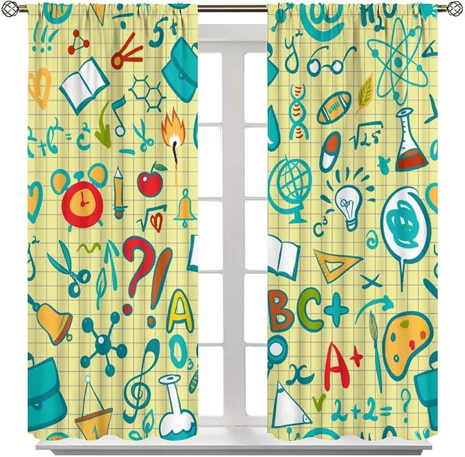 Science Physics Curtains, Abstract Math Chemistry Curtain Scientist Graffiti Print Window Treatments for Kids Teens Bedroom Living Room Set 2 Panels,42x45 Inches, Style-1