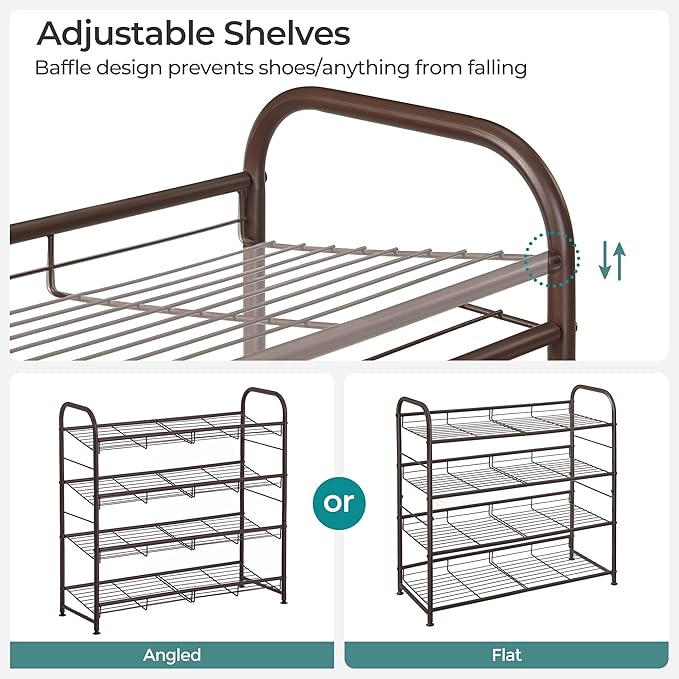 SONGMICS Stackable Shoe Rack, 4 Tier Metal Shoes Rack Storage Shelf, Holds up to 20 Pairs Shoes, Adjustable Slanted Shelves Tower Organizer for Closet Entryway Small Spaces, Bronze