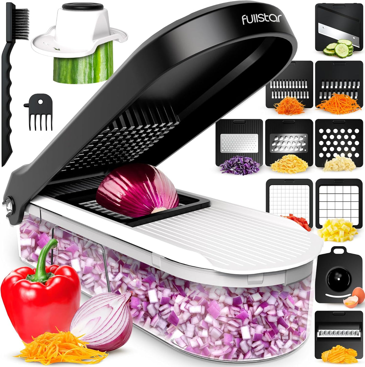 Fullstar Mandoline Slicer for Kitchen - Vegetable Chopper, Onion Potato Food Veggie Fruit Slicer and Cutter with Container, Kitchen Gadgets & Gifts, Home Essentials (6-in-1, White/Black)
