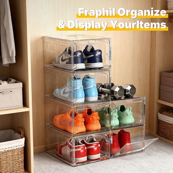 1 Pack Large Clear Shoe Box for Men’s Size 13 Sneakers, Stackable Drop-Front with Magnetic Door, BPA-Free Plastic Display Organizer, 13.5” x 10.55” x 7.5” – Transparent