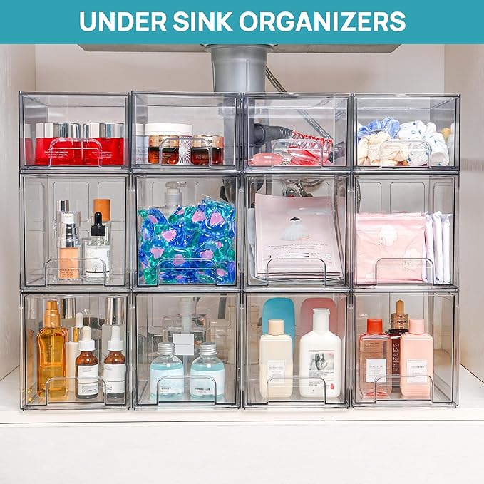 Vtopmart 6 pack Stackable Storage Drawers, 6.6''Tall Acrylic Bathroom Makeup Organizers,Clear Plastic Drawers For Vanity, Undersink, Kitchen Cabinet,Pantry Organization and Storage