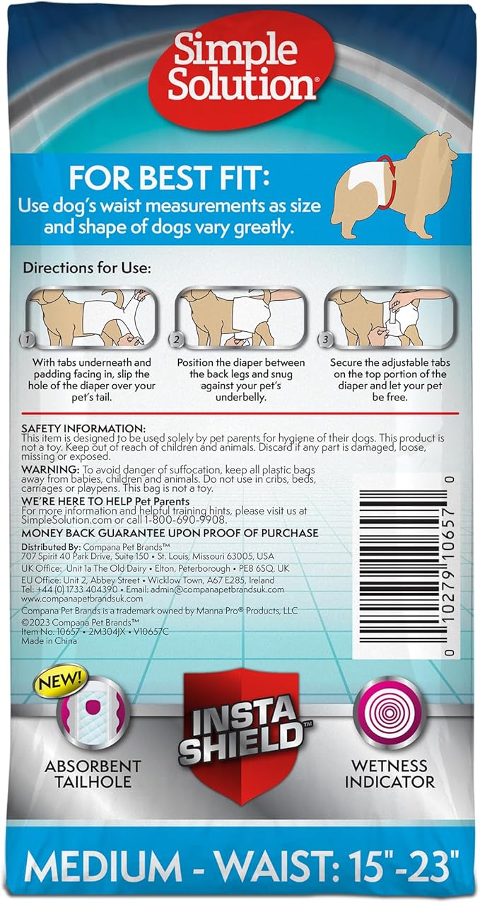 Simple Solution Female Dog Diapers – Disposable Leak-Proof Diapers for Incontinence, Potty Training, and Heat Cycle – Adjustable Fit for Medium Dogs with 15–23 Inch Waist – 30 Count (Pack of 12)