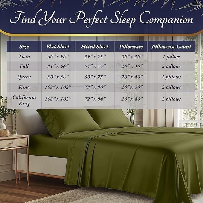 DECOLURE 100% Viscose Derived from Bamboo Sheets Queen Size 4pcs - Ultra Soft & Luxuriously Cooling, 17" Deep Pocket, Double Stitching,Perfect for Hot Sleepers - Queen Bed Sheets (Light Olive)