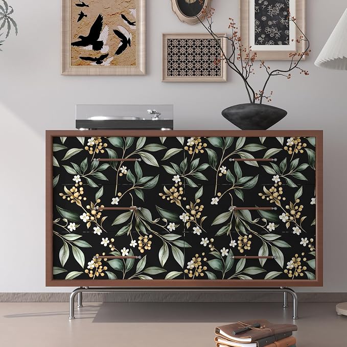 Black Green Floral Peel and Stick Wallpaper, 17.5" x 197" Vintage Dark Green