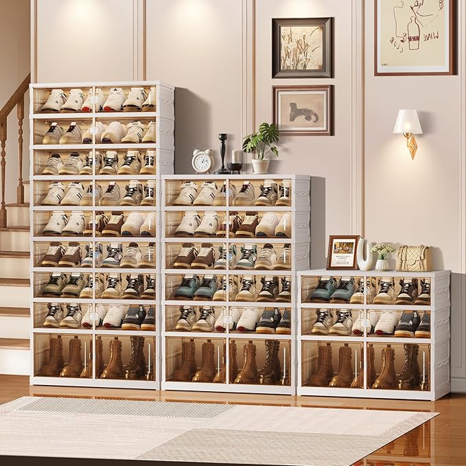 CIMLORD 9-Tier Foldable Shoe Rack Organizer for Closet, 27 Pairs Collapsible Plastic Shoe Shelf, Large Shoes Cabinet with Door, Clear Stackable Storage Box Easy Assembly White