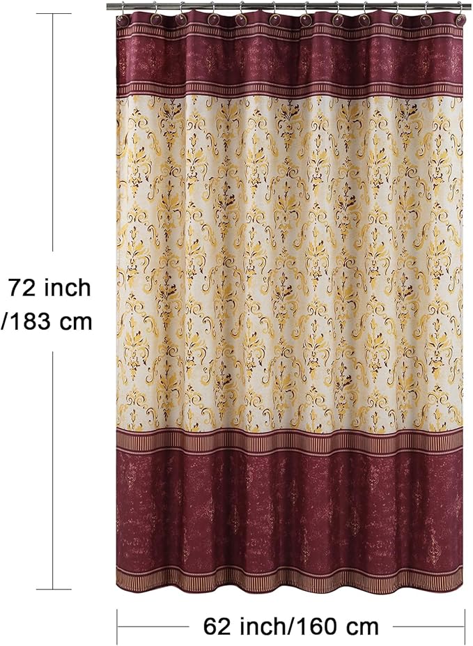 Fabric Shower Curtain, Burgundy and Gold Damask Print Shower Curtains for Bathroom, Classic Baroque Bathroom Curtains, 62" W x 72" H