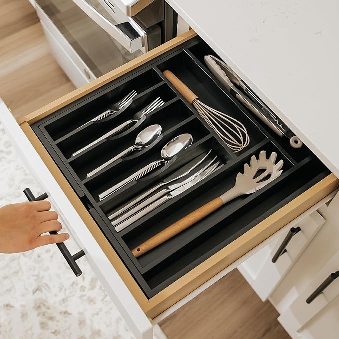 KitchenEdge Premium Silverware, Flatware and Utensil Organizer for Kitchen Drawers, Food-Safe Contract Grade, Expandable from 14.5 to 25 In, Black Bamboo
