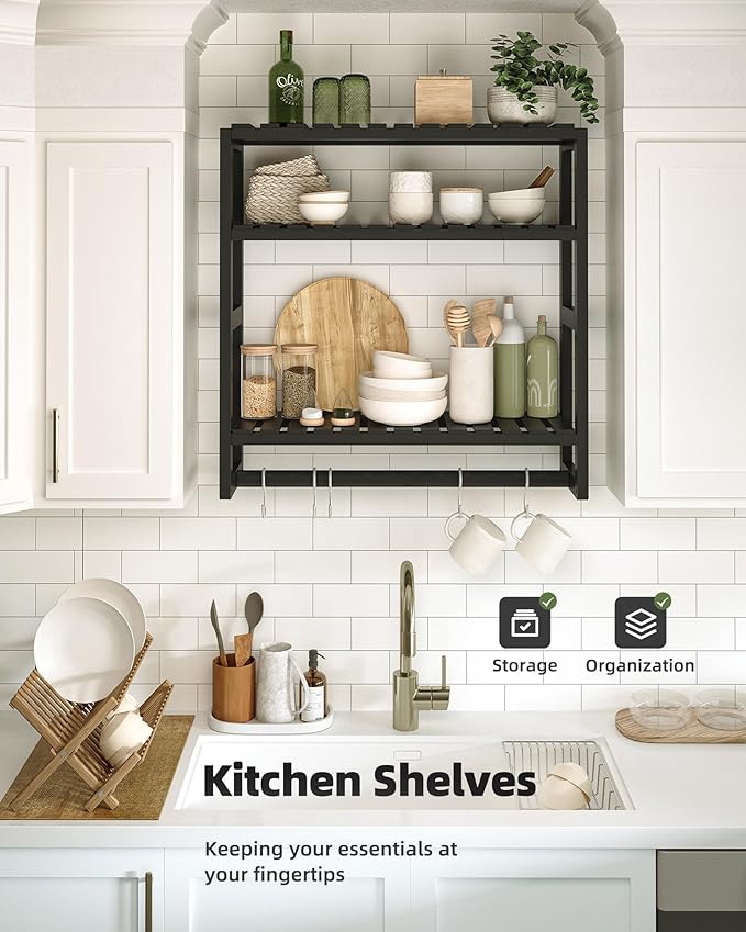 Galood Over The Toilet Storage Bathroom Shelves Wall Mounted 3 Tier Space Saver Corner Shelf Organizer Bamboo Towel Rack Toilet Paper Cabinet with Hanging Rod Black