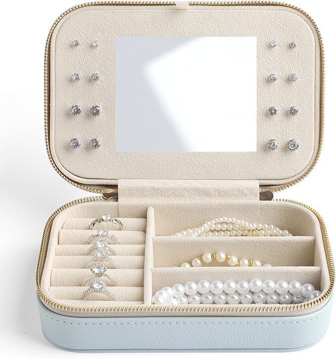 Genuine Leather Travel Jewelry Organizer Case with Mirror for Women, Small Mini Portable Jewelry Box for Ring Earrings Necklace Bracelet Luxury Gift for Women(Beige)