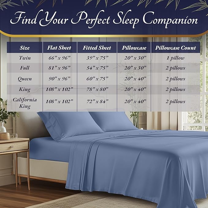 DECOLURE 100% Viscose Derived from Bamboo Sheets Cal King Size 4pcs - Ultra Soft & Luxuriously Cooling, 17" Deep Pocket,Double Stitching,Perfect for Hot Sleepers - King Bed Sheets (Light Blue)