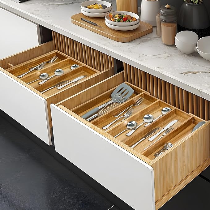 VaeFae Acacia Kitchen Silverware Organizer, Cutlery Drawer Organizer with 5 Compartments, Wooden Utensil Holder for Flatware and Cooking Tools