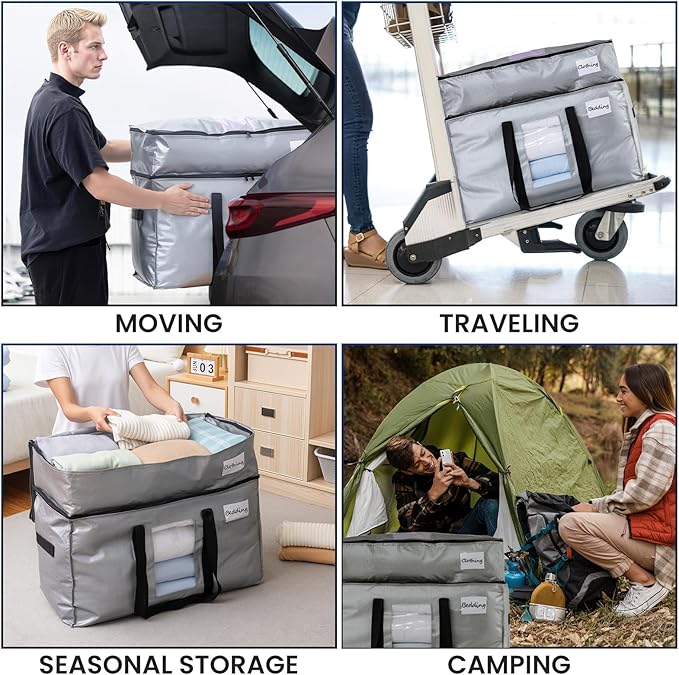 TAILI 2 Tier Extra Large Moving Bags, 4 Pack Silver Heavy Duty Totes for Storage with Visible Window, Wrap Around Handles, Storage Bags for Space Saving, Alternative to Moving Boxes