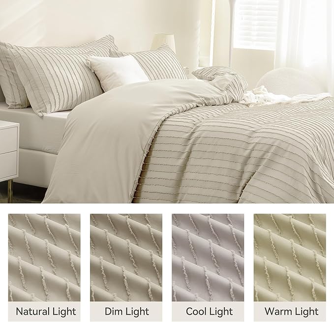 JELLYMONI Duvet Cover Oversized King Size Light Khaki - 3PCS Boho Striped Duvet Cover Set Polyester Tufted Bohemian Textured Comforter Cover 120×98in with Corner Ties & Zipper and 2 Pillowcases
