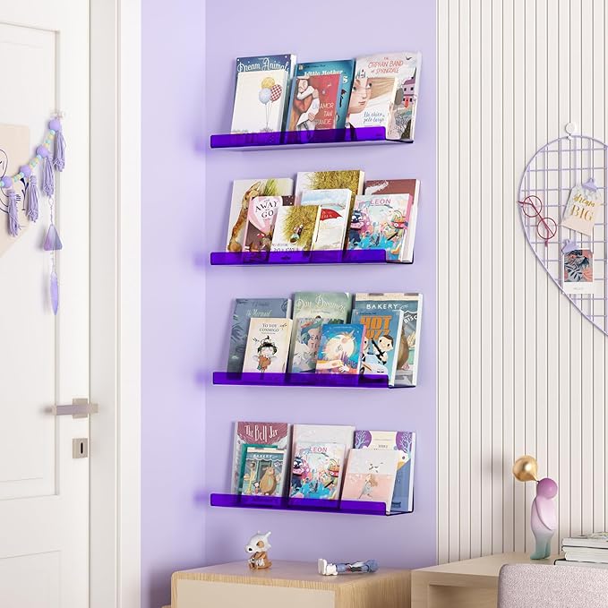 upsimples Acrylic Shelves for Wall Decor, 15" Display Shelf Perfume Organizer for Bathroom, Bedroom, Living Room, Floating Bookshelves for Kids, Clear Purple, 4 Pack