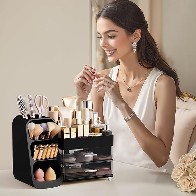 HBlife Makeup Organizer with Brush Holder for Vanity, Large Plastic Bathroom Countertop Organizer Cologne Organizer for Men, Easy to Store Lipsticks, Nail Polishes, Perfumes, Eyeshadow Palettes, Black