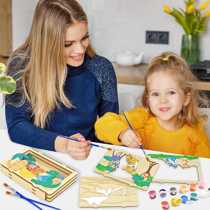 Vileafy Crafts for Kids Ages 4-8, 6-Pack Painting 3D Scene Wood Puzzles | Creative Summer Crafts, Individual Paint & Brushes, Dinosaur, Under the Sea, Animals Craft for Boys and Girls Gifts