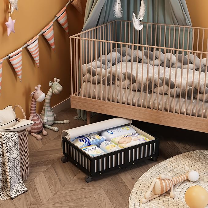 Bamboo Under Bed Storage Containers with Wheels, Rolling Under the Bed Shoe Storage Bins, Wood Stackable Underbed Drawers with Bag Organizer for Bedroom Closet Clothing Sweater Under Crib Toy Black