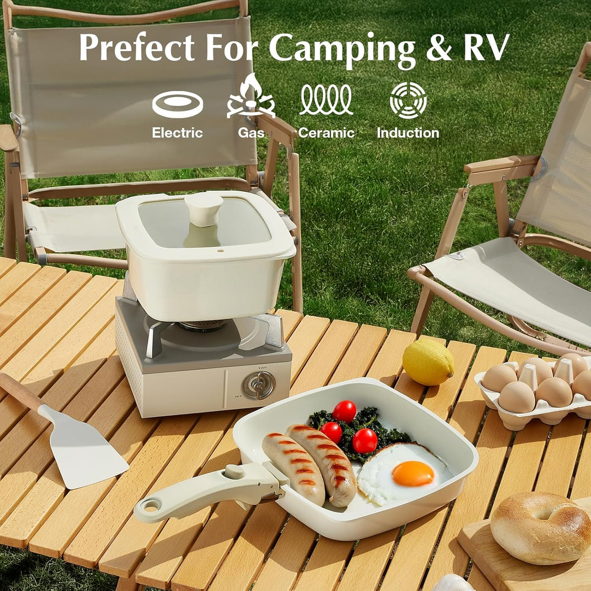 Square Non-Stick Cookware Set - 4Pcs Ceramic Pots & Pans with Detachable Handle, Healthy Non-Toxic & Dishwasher Safe - Space-Saving Design for RV, Camping, Perfect for Pancakes, Bacon & Family Cooking