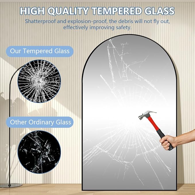 Arched Full Length Mirror, Tempered Glass Large Free Standing Mirror