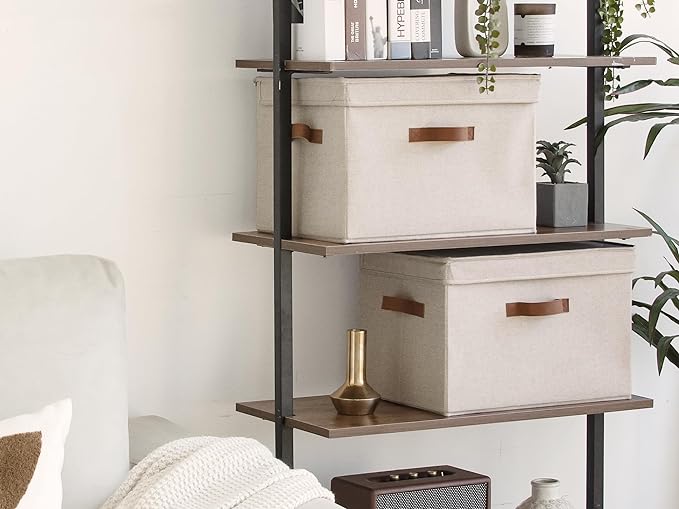 StorageWorks Fabric Storage Bins with Lid, Decorative Storage Boxes for Shelves, Stackable Closet Organizer Basket with Handles, Large, Brown and Beige, 2-Pack