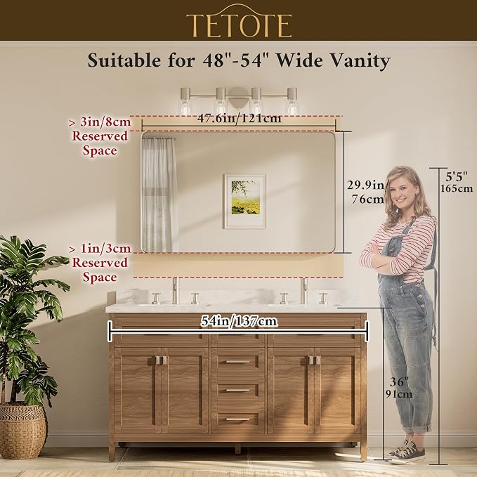 TETOTE Brushed Nickel Bathroom Mirror 48 x 30 Inch