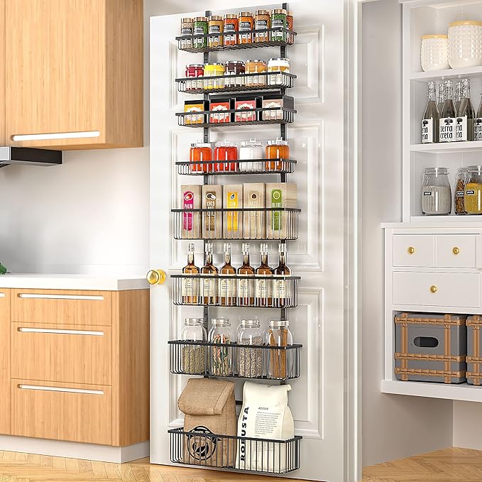 Moforoco Over The Door Pantry Organizer, Pantry Door Organizer Shelves, Kitchen Organizers and Storage, Hanging Basket Wall Spice Rack Seasoning Shelves, Laundry Room Bathroom accessories(Black
