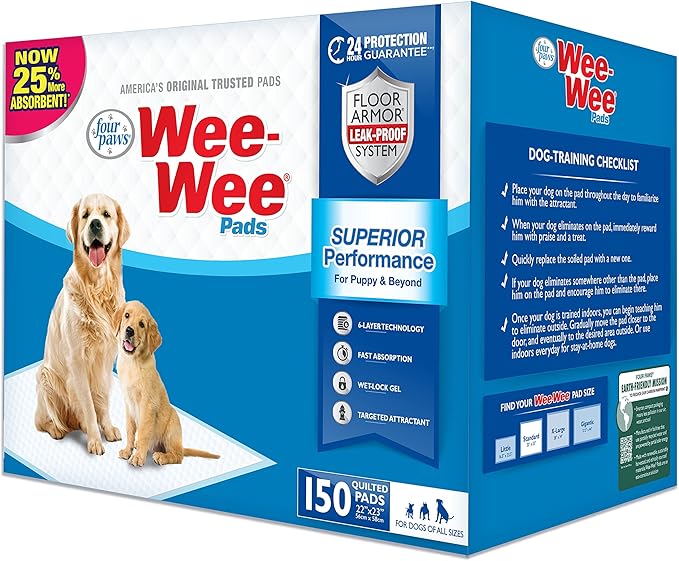 Four Paws Wee-Wee Superior Performance Unscented Pee Pads for Dogs & Puppies, Quilted Leak-Proof Dog Housebreaking Potty Training Floor Protection, 22" x 23", 30 Count