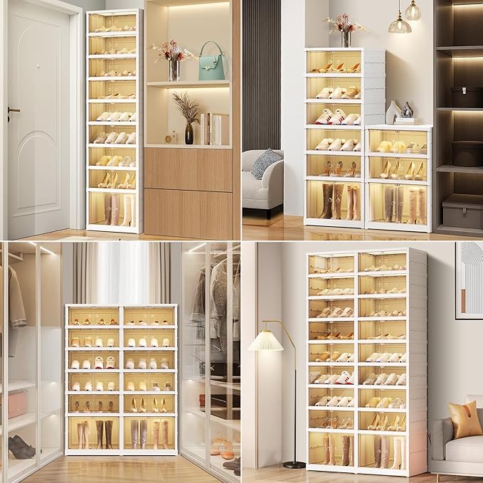 EHAMILY 9 Tier Foldable Shoe Rack Organizer for Closet 18-36Pairs Plastic Collapsible Shoe Racks Shelf Stackable Clear Folding Shoes Storage boxes for Small Spaces Narrow Shoe Storage Cabinet