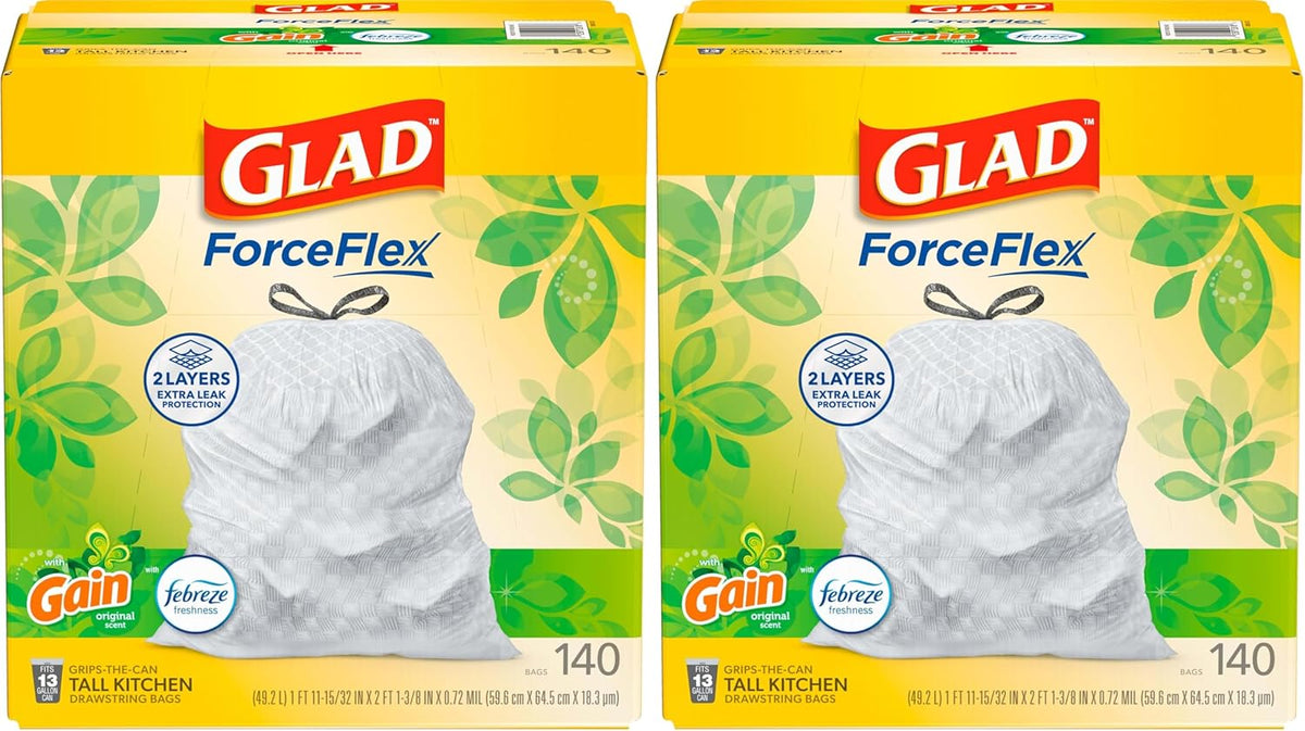 Glad ForceFlex Tall Kitchen Trash Bags, 13 Gallon, Gain Original, 140 Count (Package May Vary)