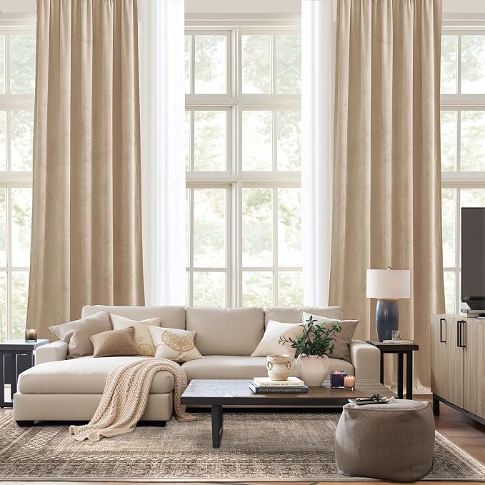 NICETOWN Beige Velvet Curtains 102 inches Long 52 inch Wide 2 Panels, Luxury