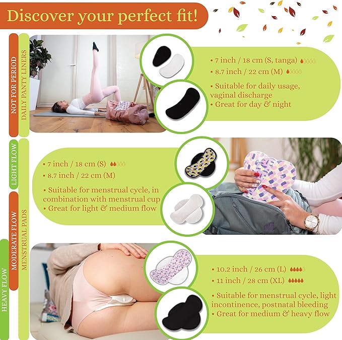 Non-Slip Organic Reusable Panty Liners for Women & Teens (Medium, 7-Pack); High-Temp Washable Cotton Cloth Liners; Stay Fresh & Dry, for Daily Vaginal Discharge Only; 100% Breathable (no PUL/TPU)