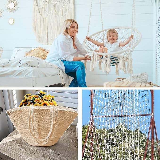 1/4 Inch Diameter White Cotton Rope 328 Feet Rope Composed of Four Strands of Cotton Rope, Soft and Thin Rope for Crafts, Clothesline and Home Interior Decoration