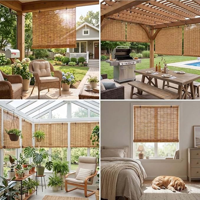 Outdoor Bamboo Roller Blinds, Retro Breathable Reed Shades