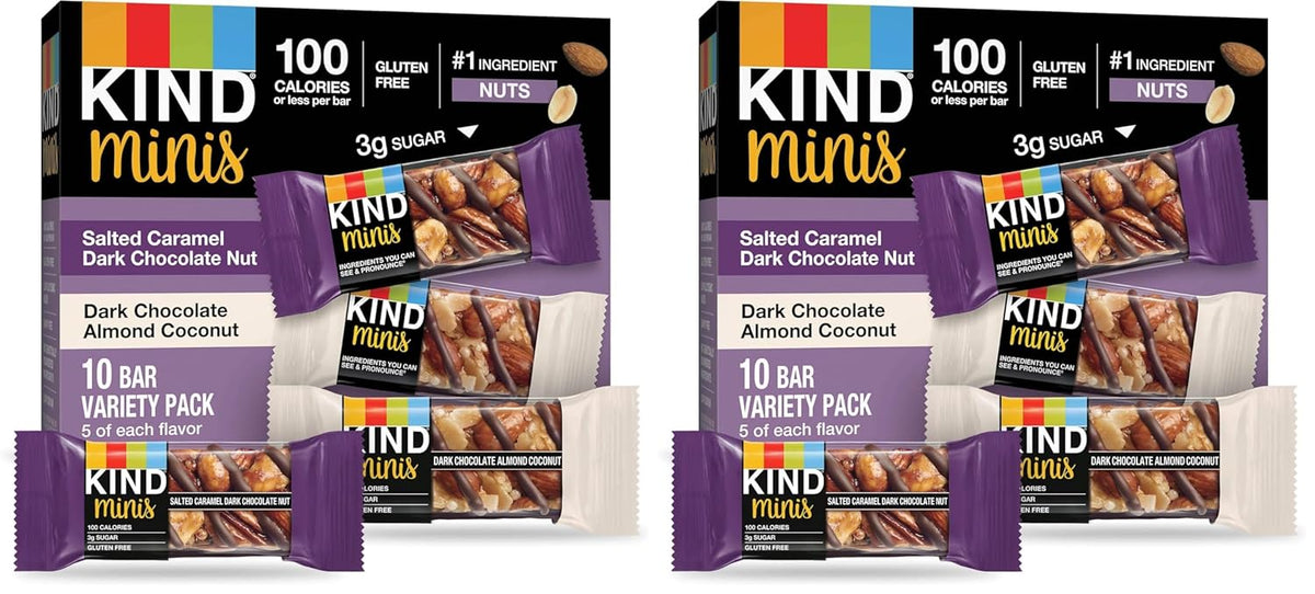 KIND Mini Snack Bars Variety Pack, Gluten Free, Low Sugar, Low Calorie Snacks, Salted Caramel Dark Chocolate Nut, Dark Chocolate Almond Coconut, 20 Count