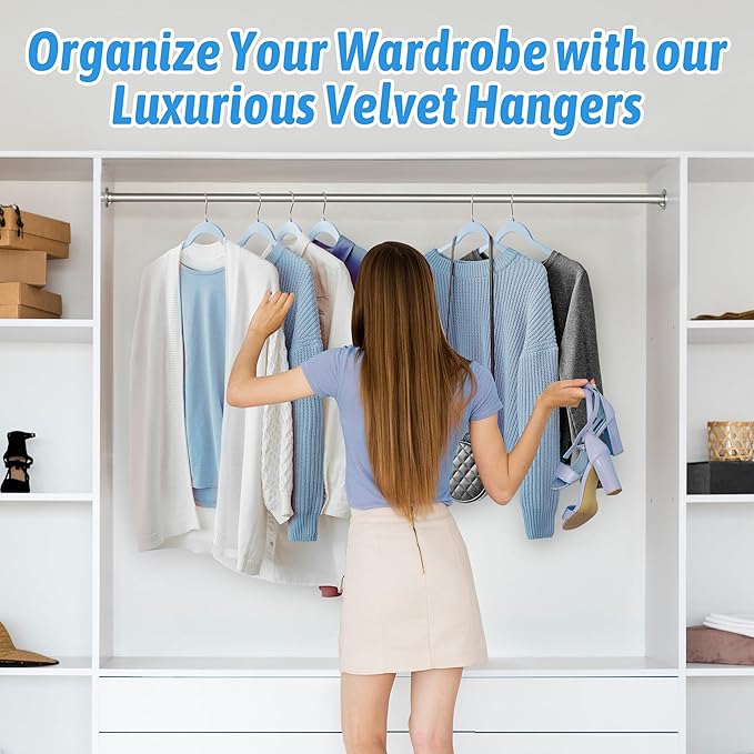 30 Pack Velvet Hangers – Premium Non-Slip Slim Clothes Hangers with 360° Swivel Hook, Space-Saving Flocked Shirt Hangers for Coats, Dresses, Blouses, Suits(Blue)