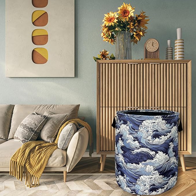 Vintage Sea Waves Laundry Basket With Handles Oxford Cloth Tote Bag Colorful Laundry Hamper 18.9"x16.5 "Foldable Clothes Storage Bucket Toy Organizer For Bathroom/Laundry/Bedroom