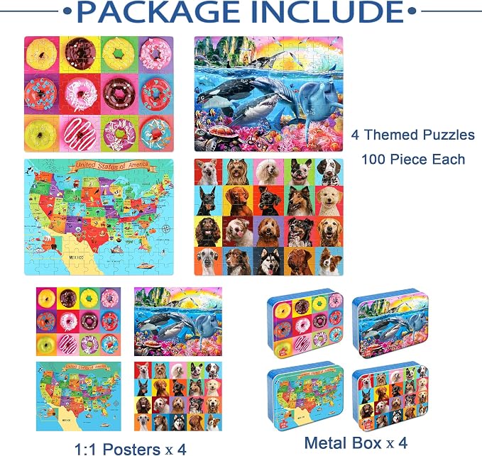 LELEMON Puzzles for Kids Ages 4-6,4-Pack 100 Piece Puzzles for Kids Ages 4-8 in a Metal Box,Dogs Donut USA Map Underwater World Educational Jigsaw Puzzles Puzzle Games Puzzle Toys for Girls and Boys