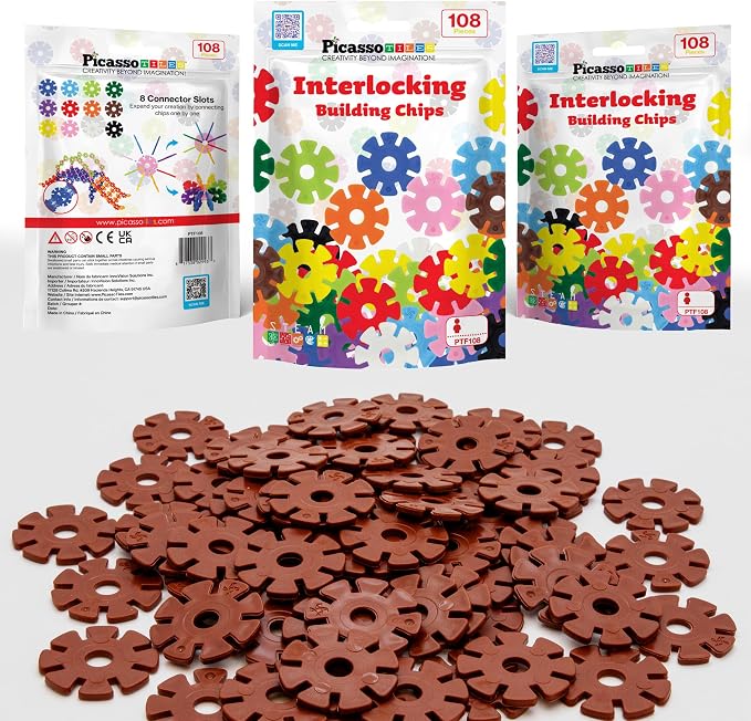 PicassoTiles Building Chip Interlocking Disc Construction Blocks in Brown Color STEM Learning Early Education Toy Engineering Playset Child Brain Development for Toddlers Girls Boys Kids Age 3+ PTF108