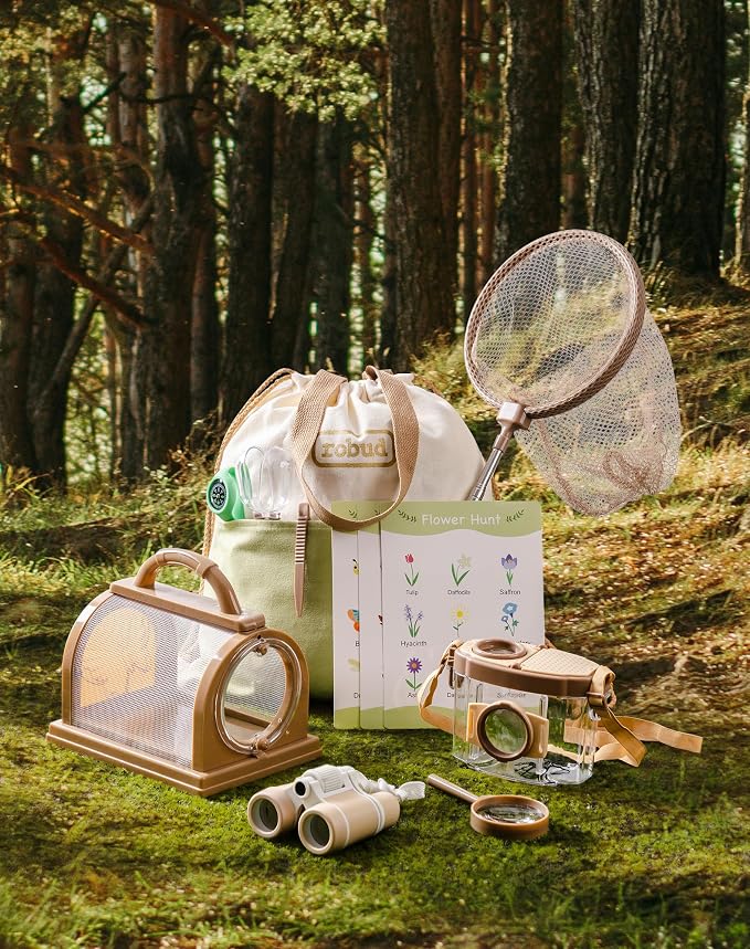 ROBUD Upgraded Kids Explorer Kit, Bug Catcher Kit with Wild Adventure Binoculars, Green Outdoor Exploration Set for Camping, Montessroi Toy for Kids Coming Closer to Nature,WRP30