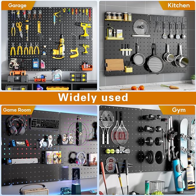 Peg Board, 110pcs Metal Pegboard Kit, Includes 4 Pack Black Peg Board Panels with Accessories and Hook Locks, Large Heavy Duty Peg Boards for Walls Home, Garage Tool Storage, Workbench