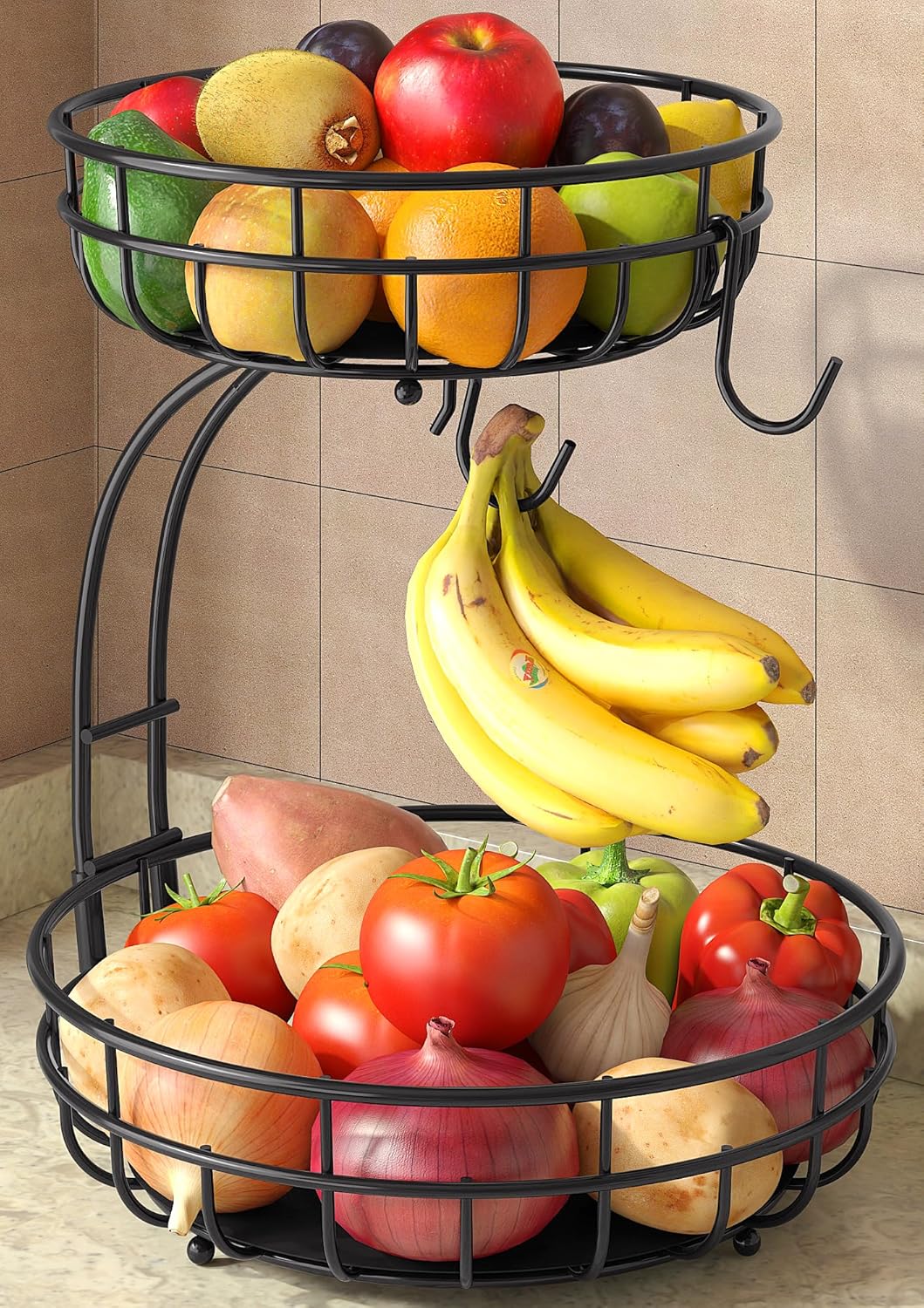 2 Tier Large Fruit Basket for Kitchen Counter with Removable Banana Hanger - Sturdy Iron Fruit Bowl for Kitchen Counter and Vegetable Holder, Fruit Holder for Kitchen Countertop, Black